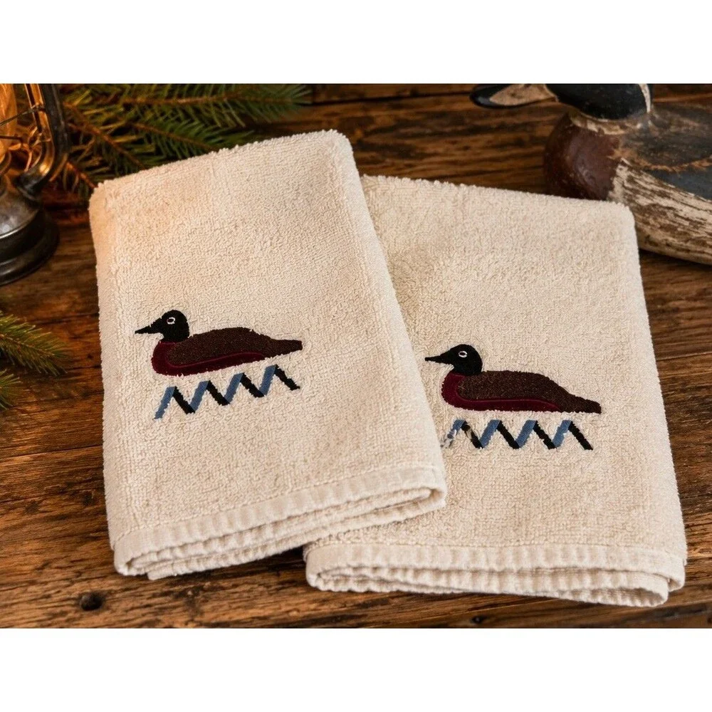 Vintage Beige Embroidered Duck Loon Hand Towels Set-2 Cannon Mills USA Cotton